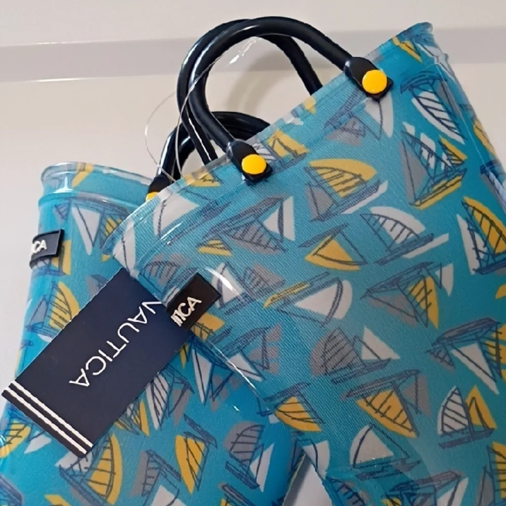 NAUTICA BLUE YELLOW SAILBOAT PRINT KIDS PULL-ON RAIN BOOTS SIZE 11 TODDLER NWT
